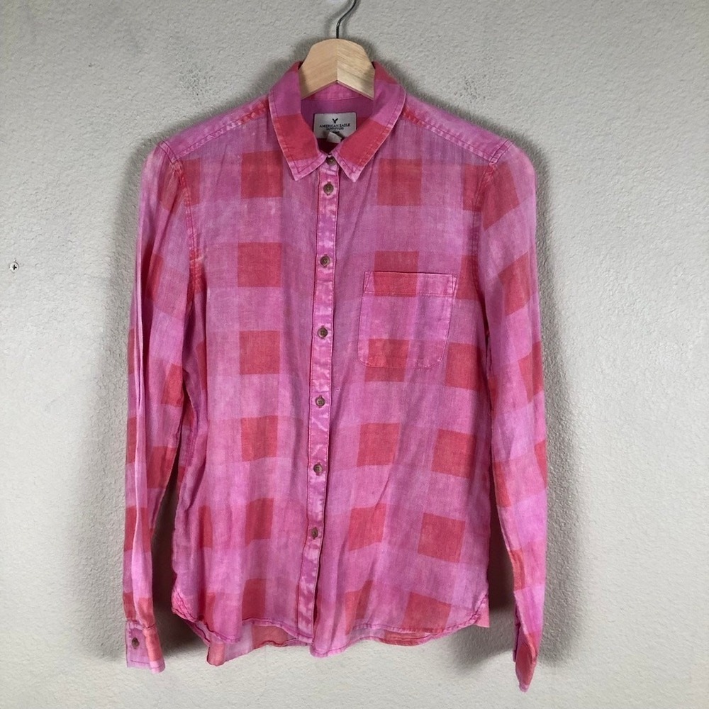 American Eagle Plaid Shirt Womens S Pink Orange 100% Cotton Lightweight Coastal